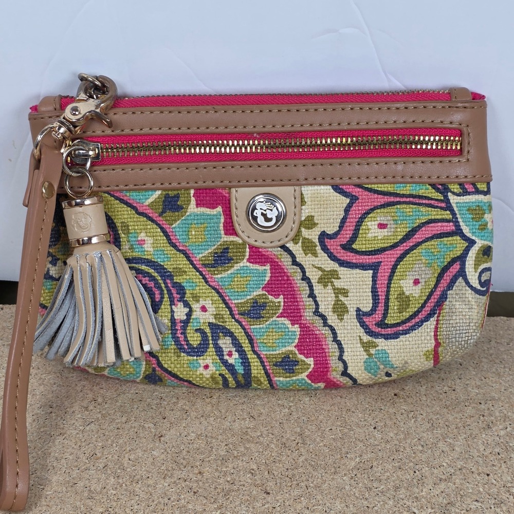 Spartina 449 Wristlet Clutch Floral Linen Genuine Leather Tan Pink Blue‎
